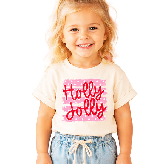 Holly Jolly Christmas pink polka dot tee, Natural kids shirt, photo 1