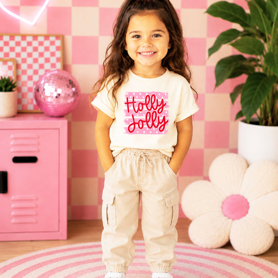 Holly Jolly Christmas pink polka dot tee, Natural kids shirt, photo 3