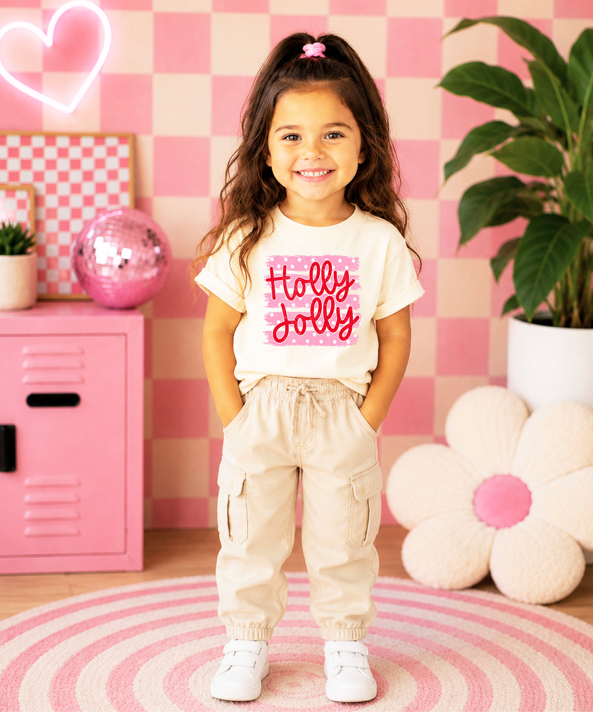 Holly Jolly Christmas pink polka dot tee, Natural kids shirt, photo 3