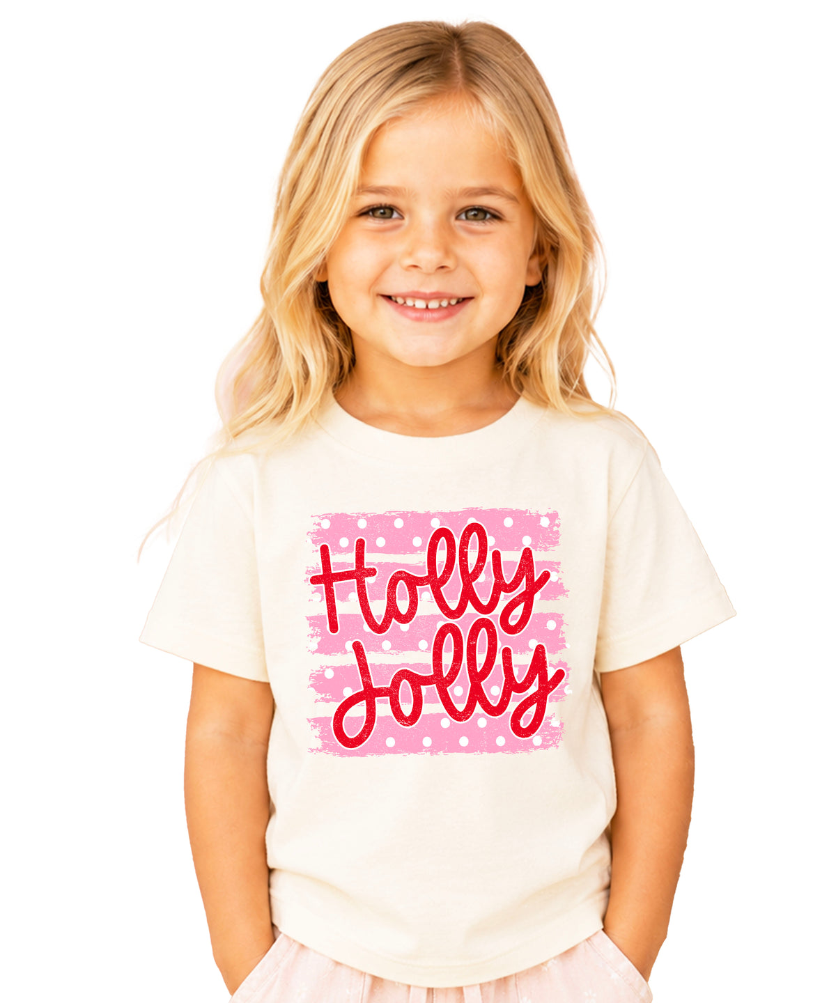 Holly Jolly Christmas pink polka dot tee, Natural kids shirt, photo 4