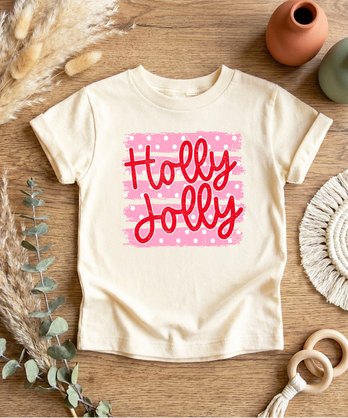 Holly Jolly Christmas pink polka dot tee, Natural kids shirt, photo 6