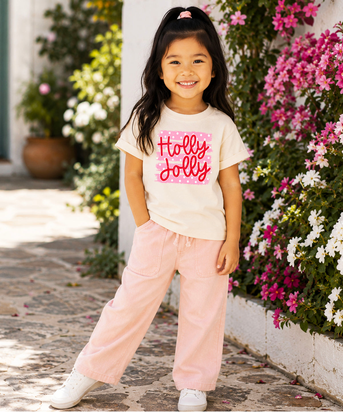 Holly Jolly Christmas pink polka dot tee, Natural kids shirt, photo 7