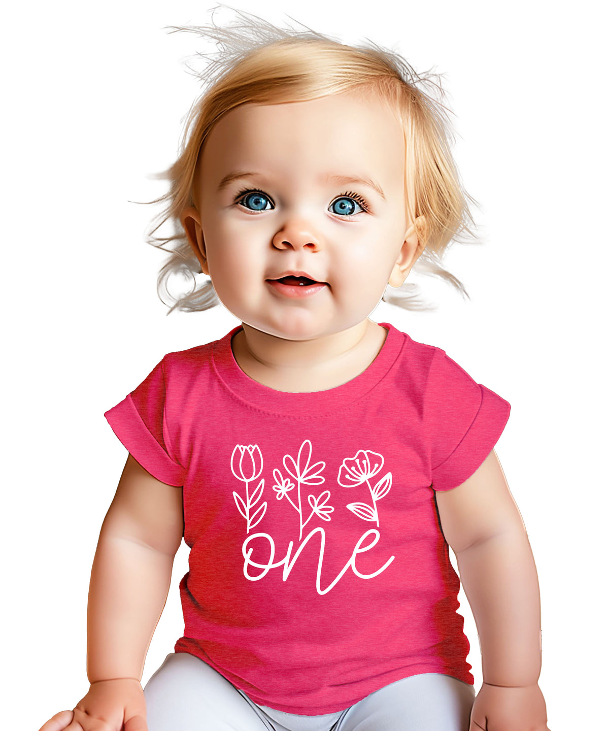 Floral One first birthday shirt for baby girls in vintage pink, front view