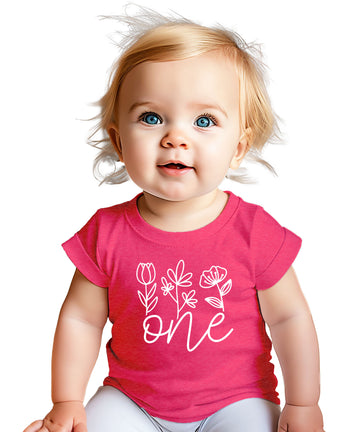 Floral One first birthday shirt for baby girls in vintage pink, front view