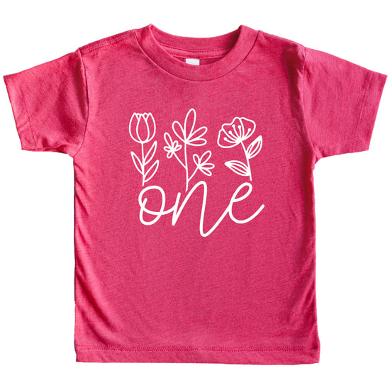 Floral One first birthday shirt for baby girls in vintage pink, second view