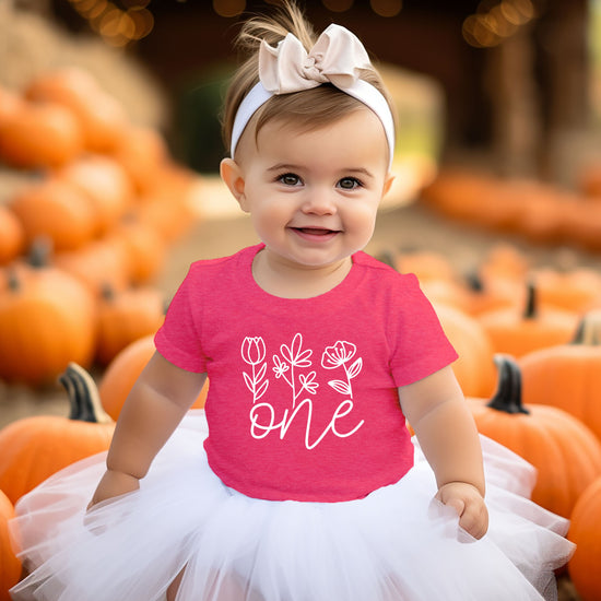 Floral One first birthday shirt for baby girls in vintage pink, third view