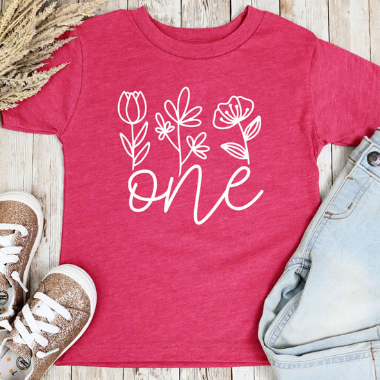 Floral One first birthday shirt for baby girls in vintage pink, fourth view
