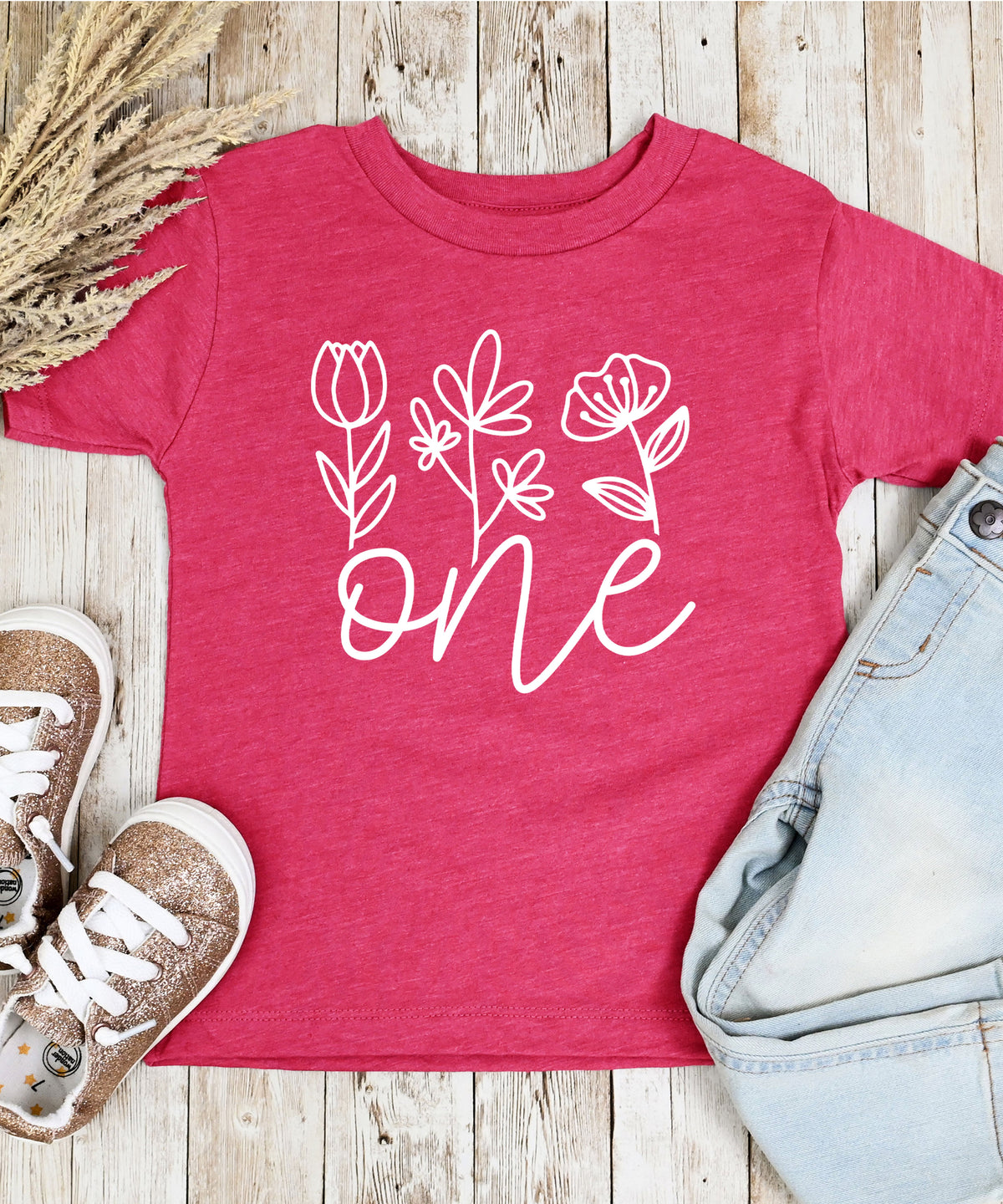 Floral One first birthday shirt for baby girls in vintage pink, fourth view