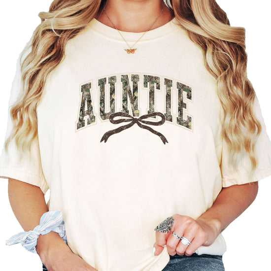 Auntie camo coquette bow t-shirt for women in Ivory, front view