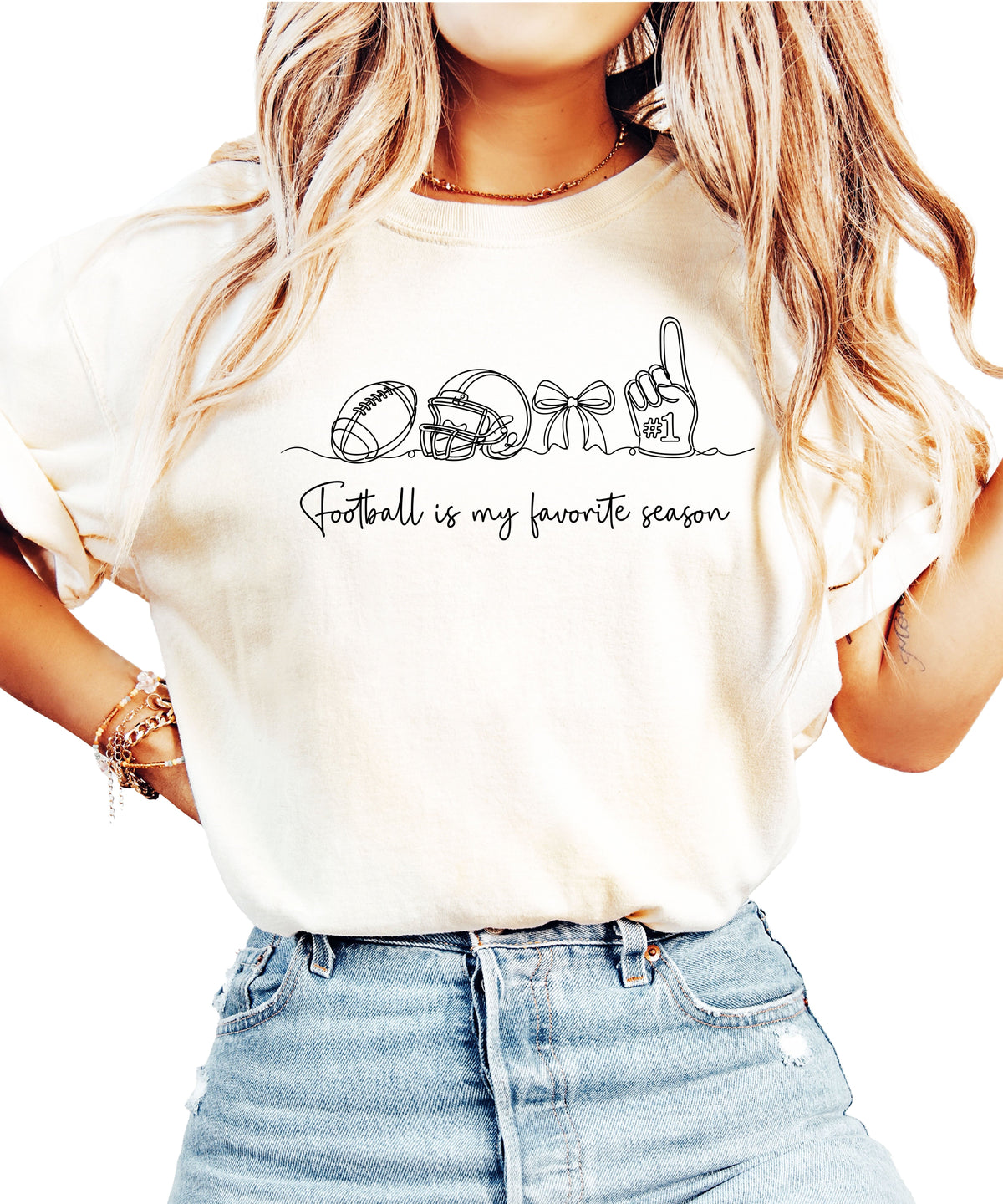 Football is My Favorite Season game day coquette bow Comfort Colors tee, Ivory Shirt, view 1