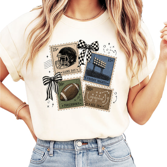 Vintage Football Stamps Coquette Bow Comfort Colors tee in Ivory - front view