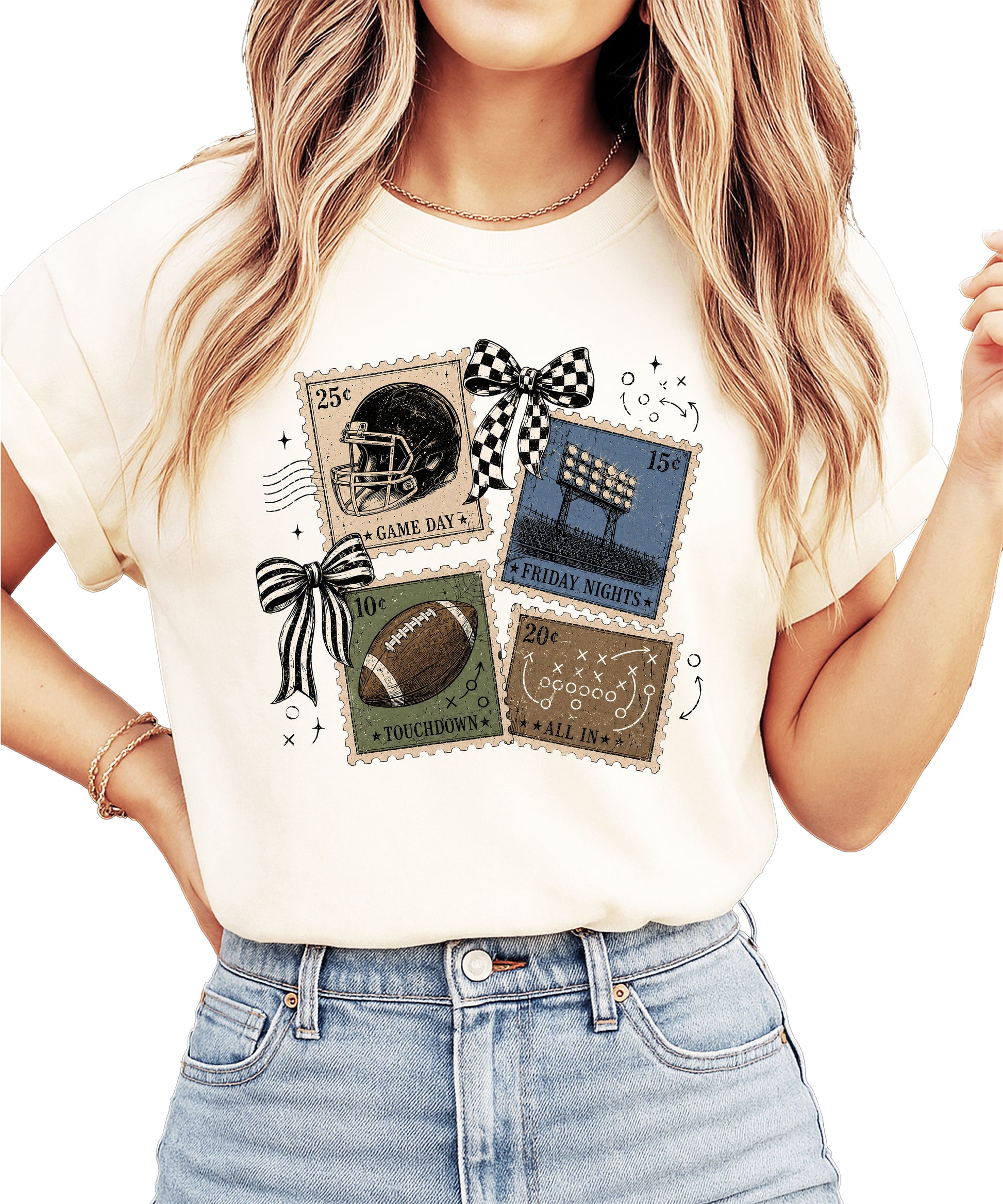 Vintage Football Stamps Coquette Bow Comfort Colors tee in Ivory - front view