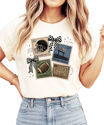 Vintage Football Stamps Coquette Bow Comfort Colors tee in Ivory - front view