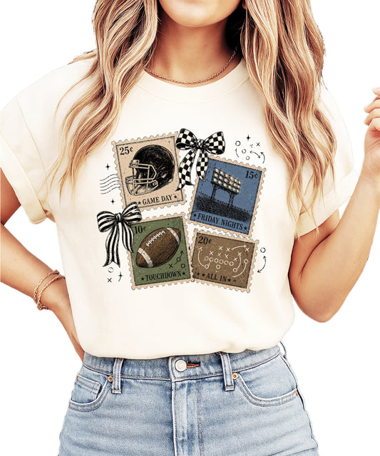 Vintage Football Stamps Coquette Bow Comfort Colors tee in Ivory - front view
