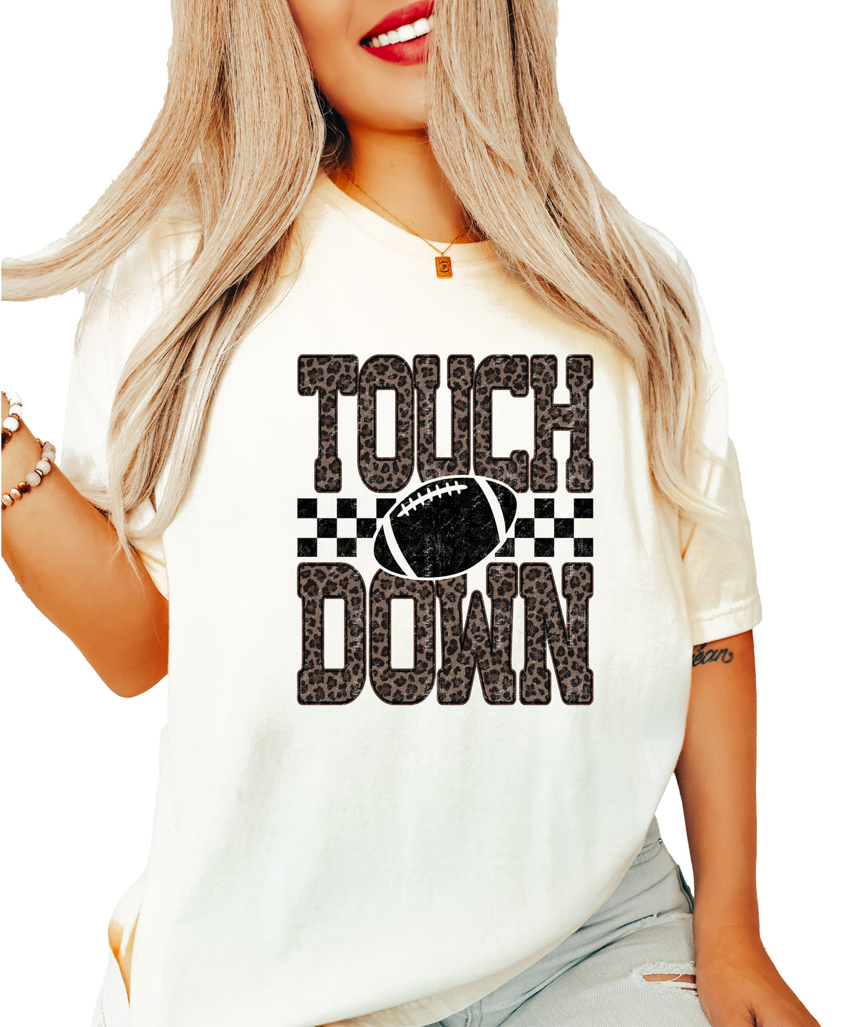 Leopard Print Touchdown Comfort Colors tee in Ivory - front view