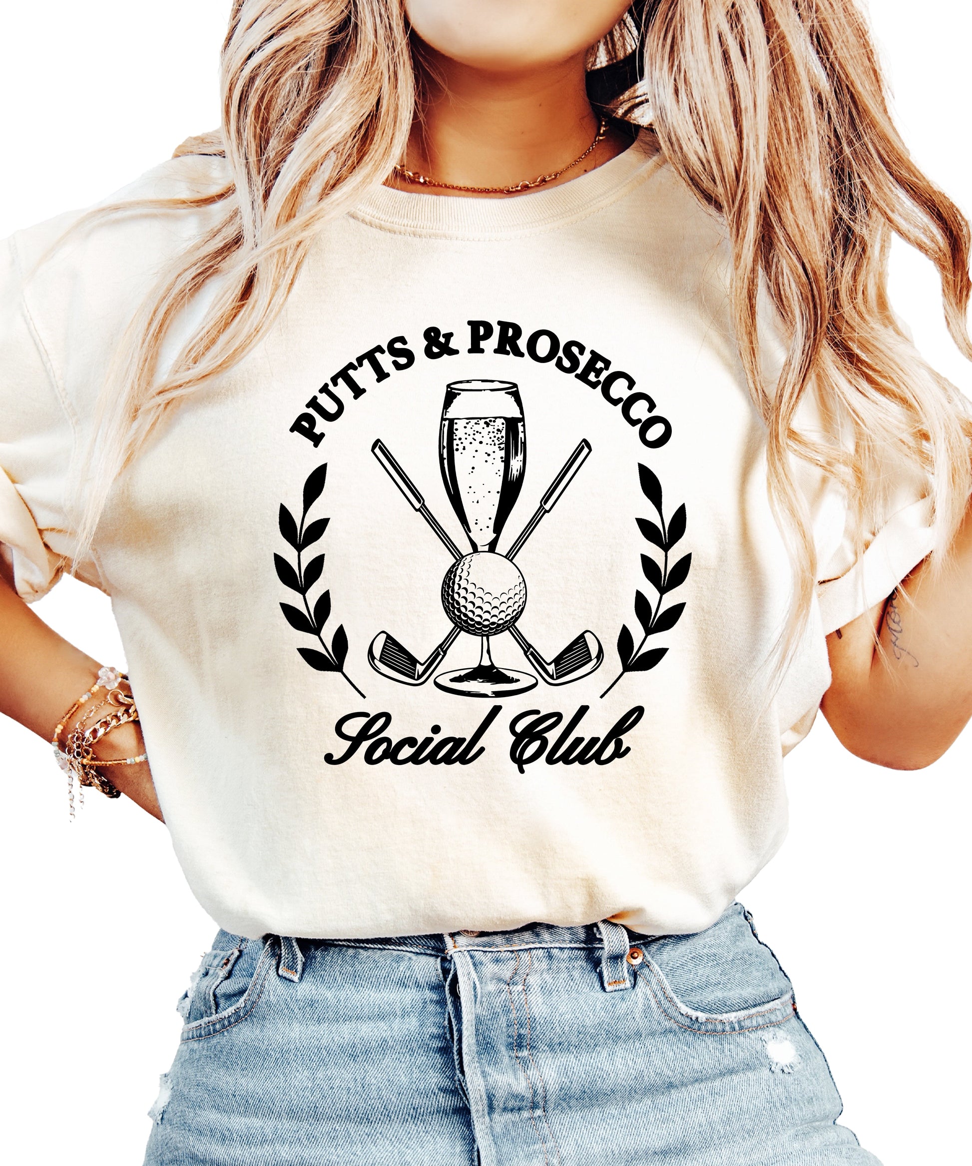 Putts and Prosecco Social Club golf t-shirt for women in Ivory, front view