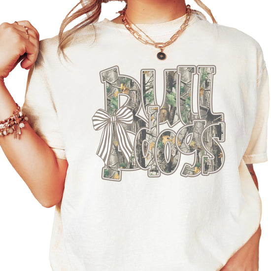 Bulldogs Camo Coquette Bow Comfort Colors tee in Ivory - front view