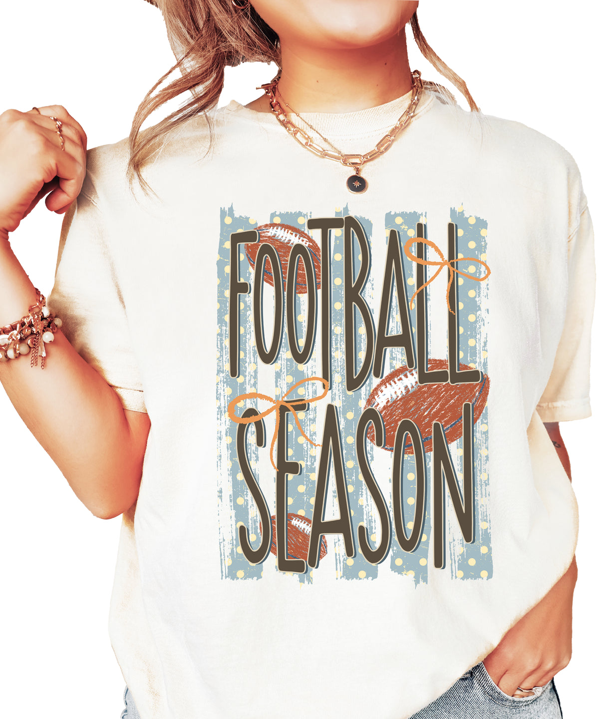 Football Season coquette bow Comfort Colors tee in Ivory - front view