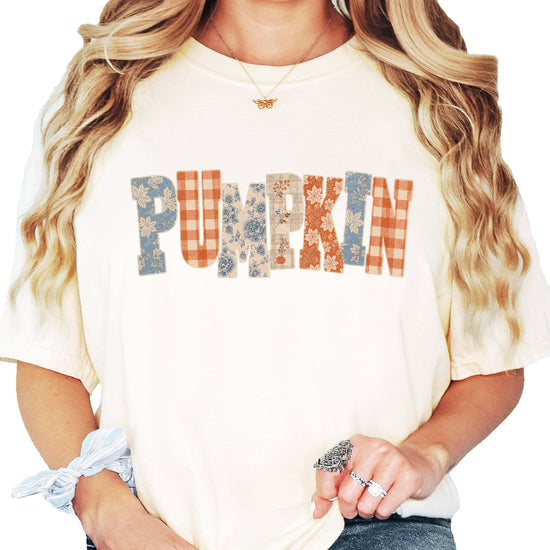 Pumpkin patch fall graphic tee for women in Ivory on Comfort Colors 1717, front view