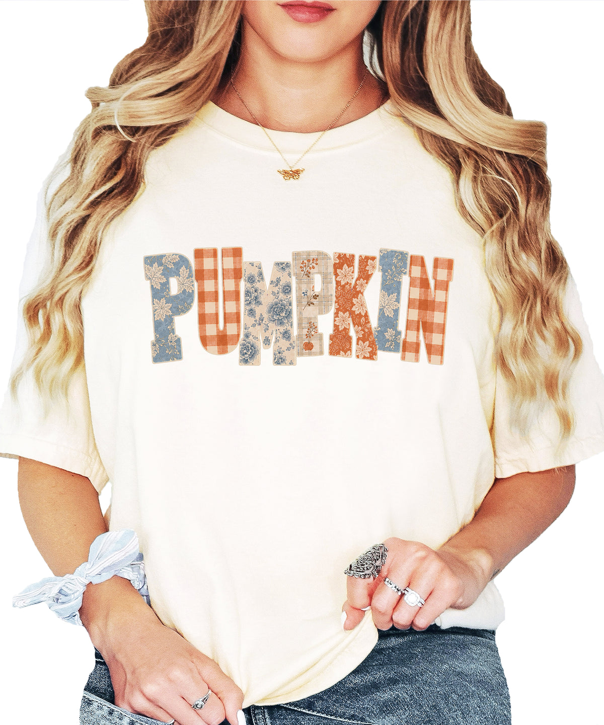 Pumpkin patch fall graphic tee for women in Ivory on Comfort Colors 1717, front view