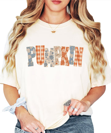 Pumpkin patch fall graphic tee for women in Ivory on Comfort Colors 1717, front view