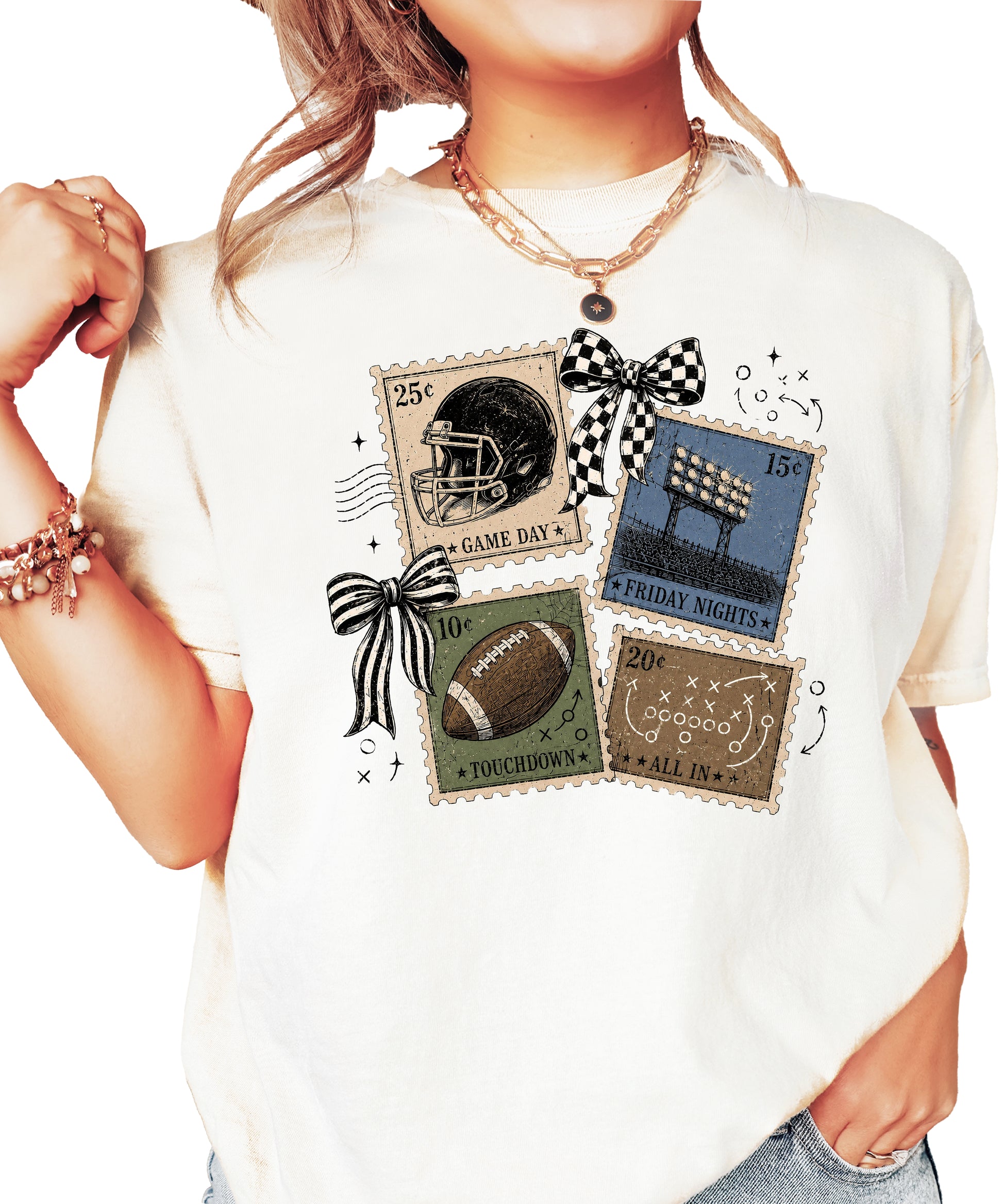Vintage Football Stamps Coquette Bow Comfort Colors tee in Ivory - view 2