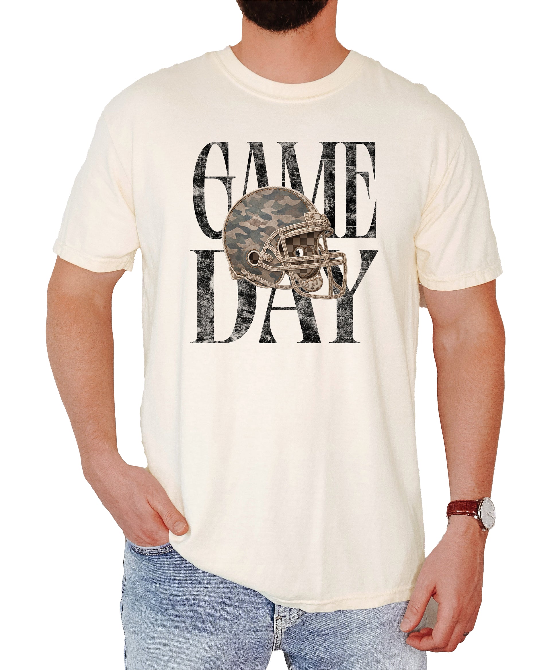 Ivory Shirt Game Day Camo Football Helmet Comfort Colors tee view 2 - Olive Loves Apple