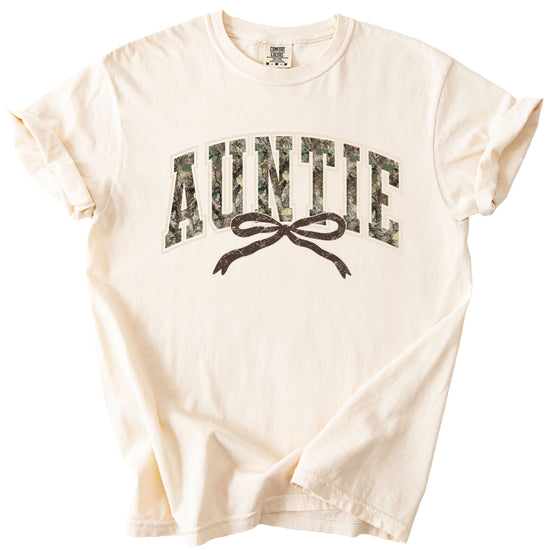 Auntie camo coquette bow womens tee in Ivory, product view 2