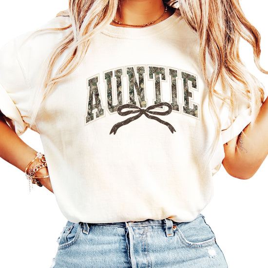 Auntie camo coquette bow womens tee in Ivory, product view 3