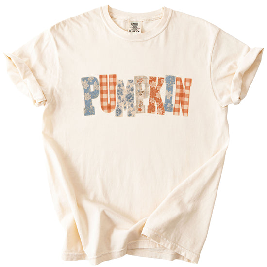Pumpkin patch fall graphic tee for women in Ivory on Comfort Colors 1717, flat lay detail