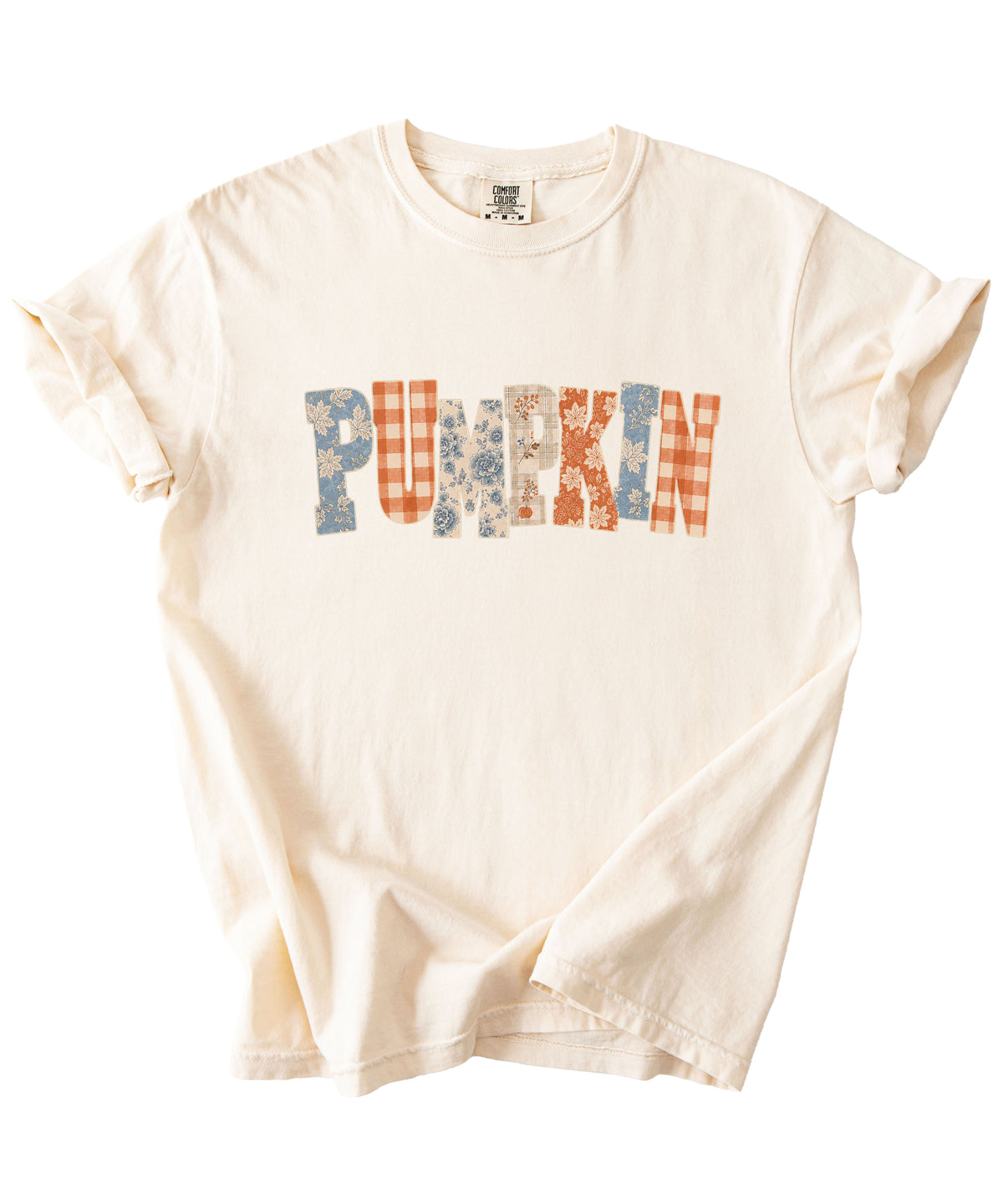 Pumpkin patch fall graphic tee for women in Ivory on Comfort Colors 1717, flat lay detail
