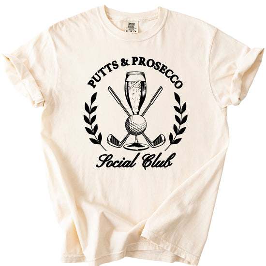 Putts and Prosecco Social Club womens golf tee in Ivory, detail view