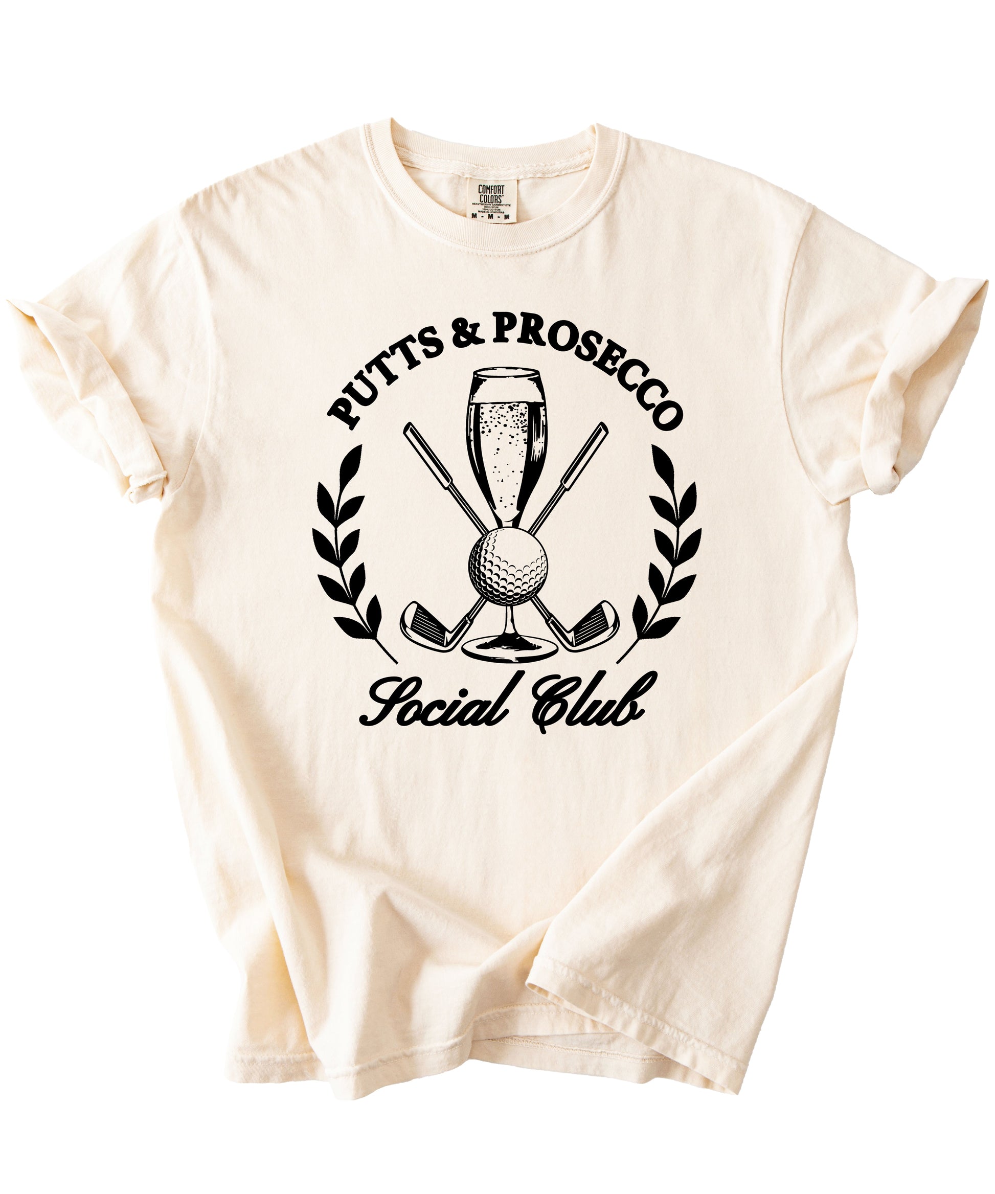 Putts and Prosecco Social Club womens golf tee in Ivory, detail view