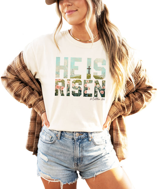 He Is Risen Christian Women's Easter Faith Graphic Tee