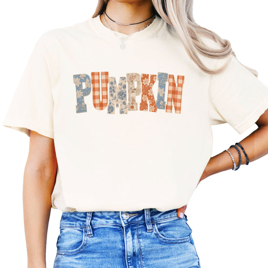 Pumpkin patch fall graphic tee for women in Ivory on Comfort Colors 1717, back view