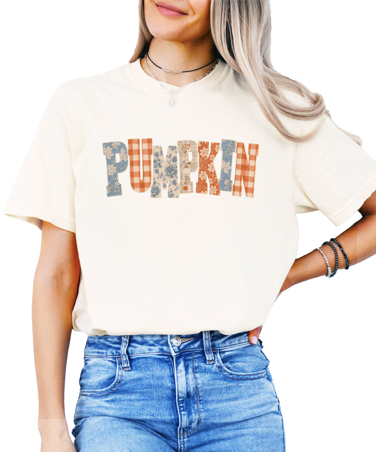 Pumpkin patch fall graphic tee for women in Ivory on Comfort Colors 1717, back view