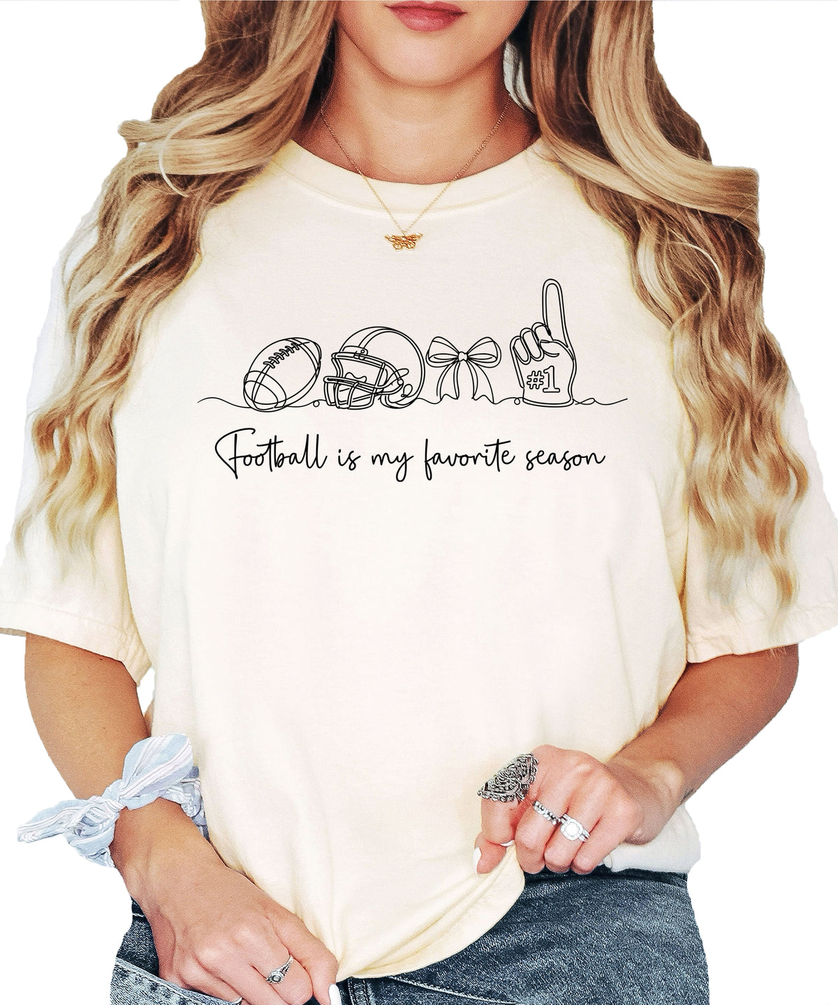 Football is My Favorite Season game day coquette bow Comfort Colors tee, Ivory Shirt, view 4