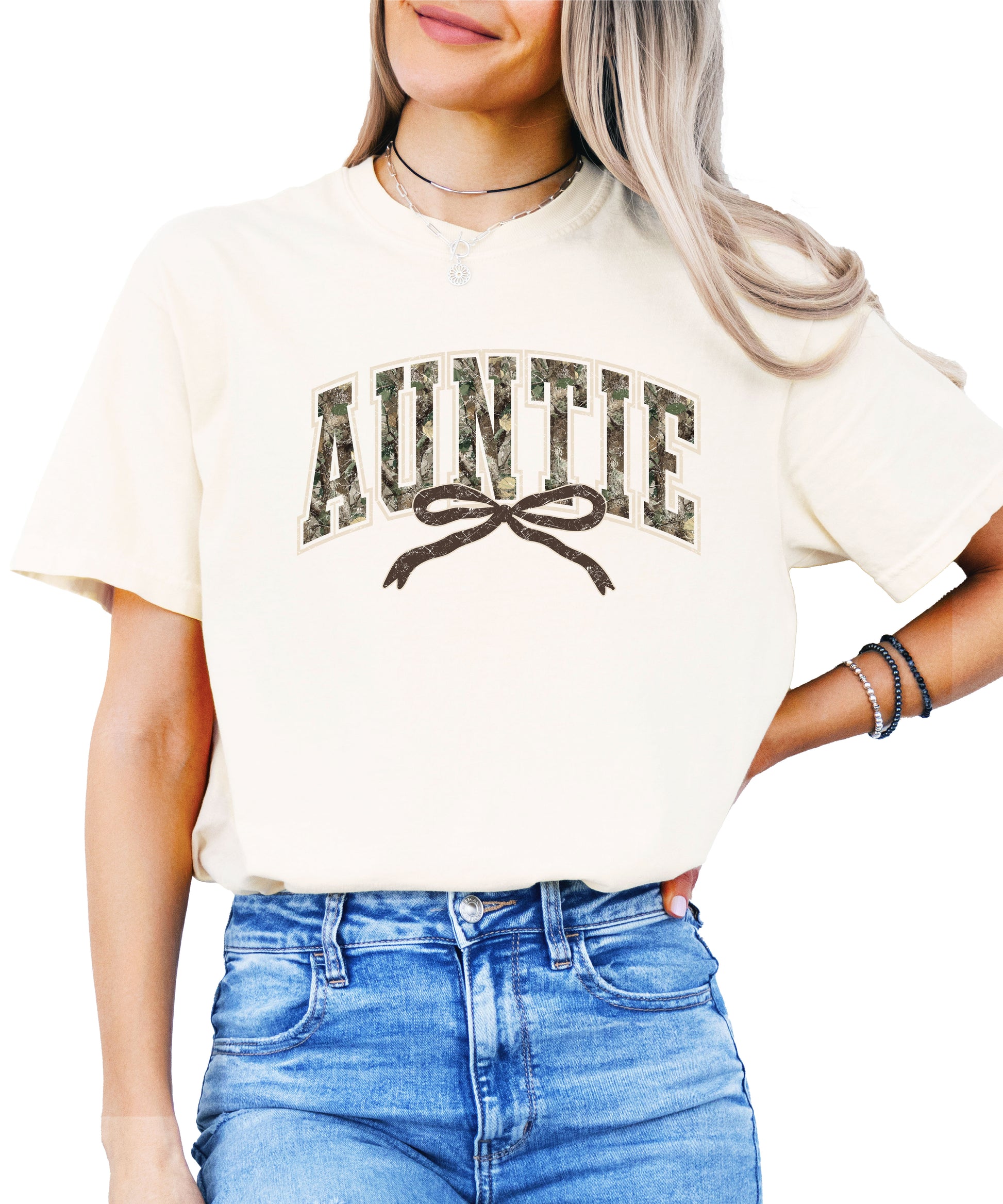 Auntie camo coquette bow womens tee in Ivory, product view 4