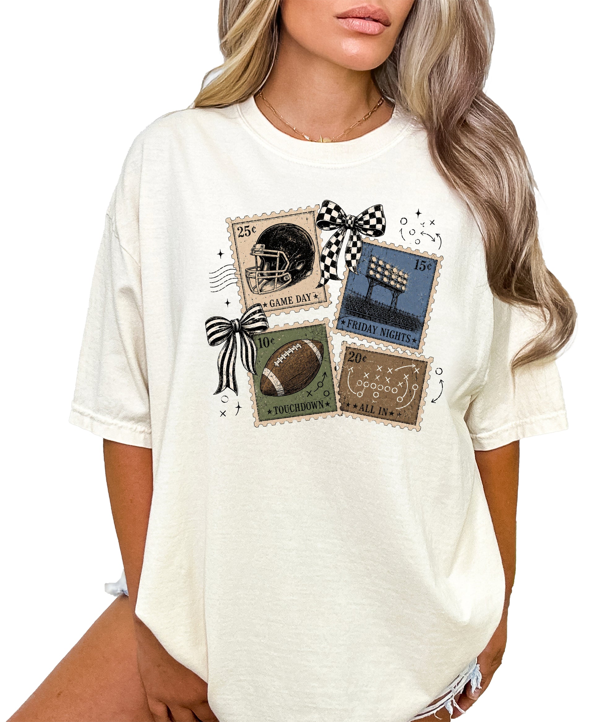 Vintage Football Stamps Coquette Bow Comfort Colors tee in Ivory - view 4