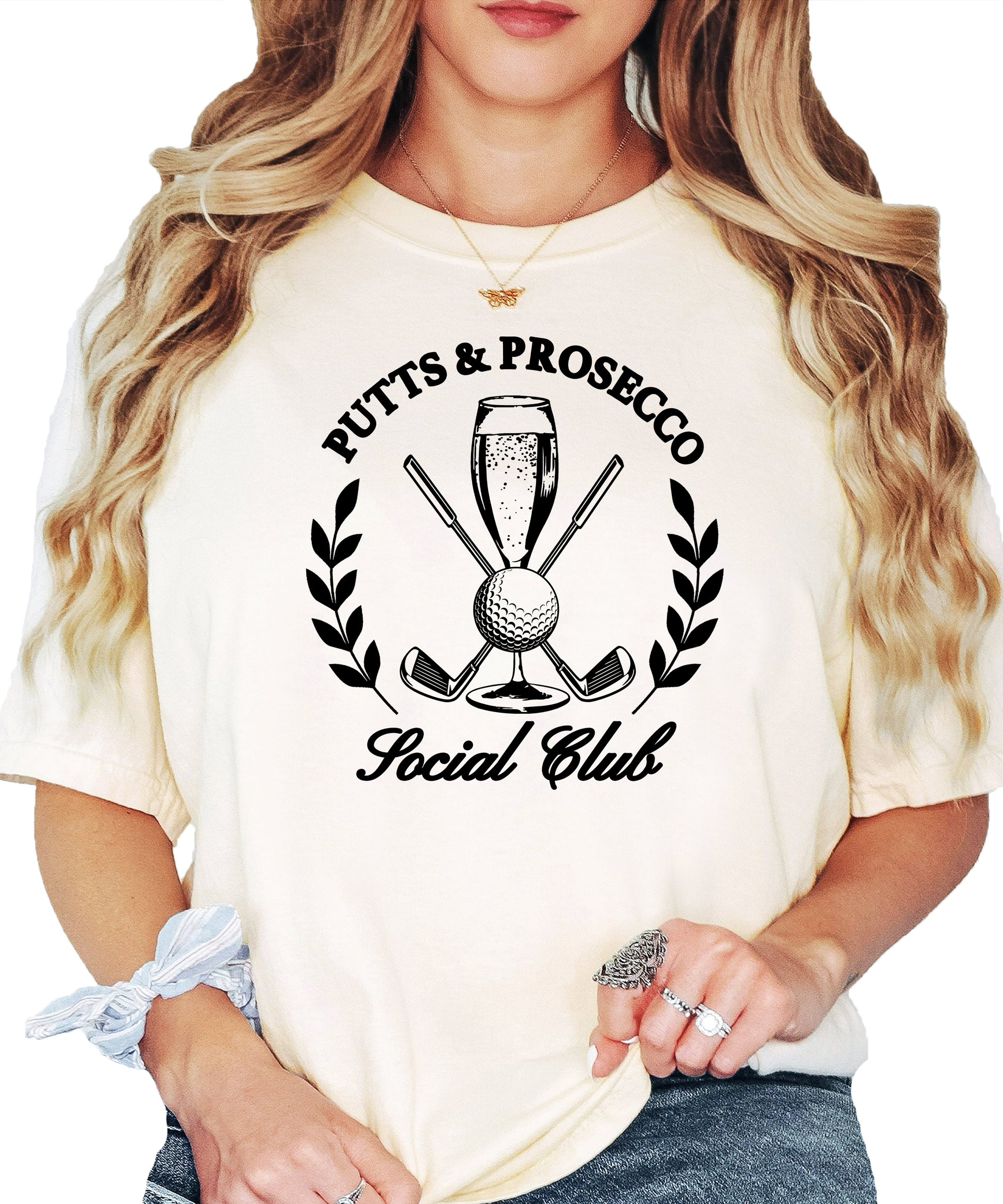 Putts and Prosecco Social Club womens golf tee in Ivory, back view