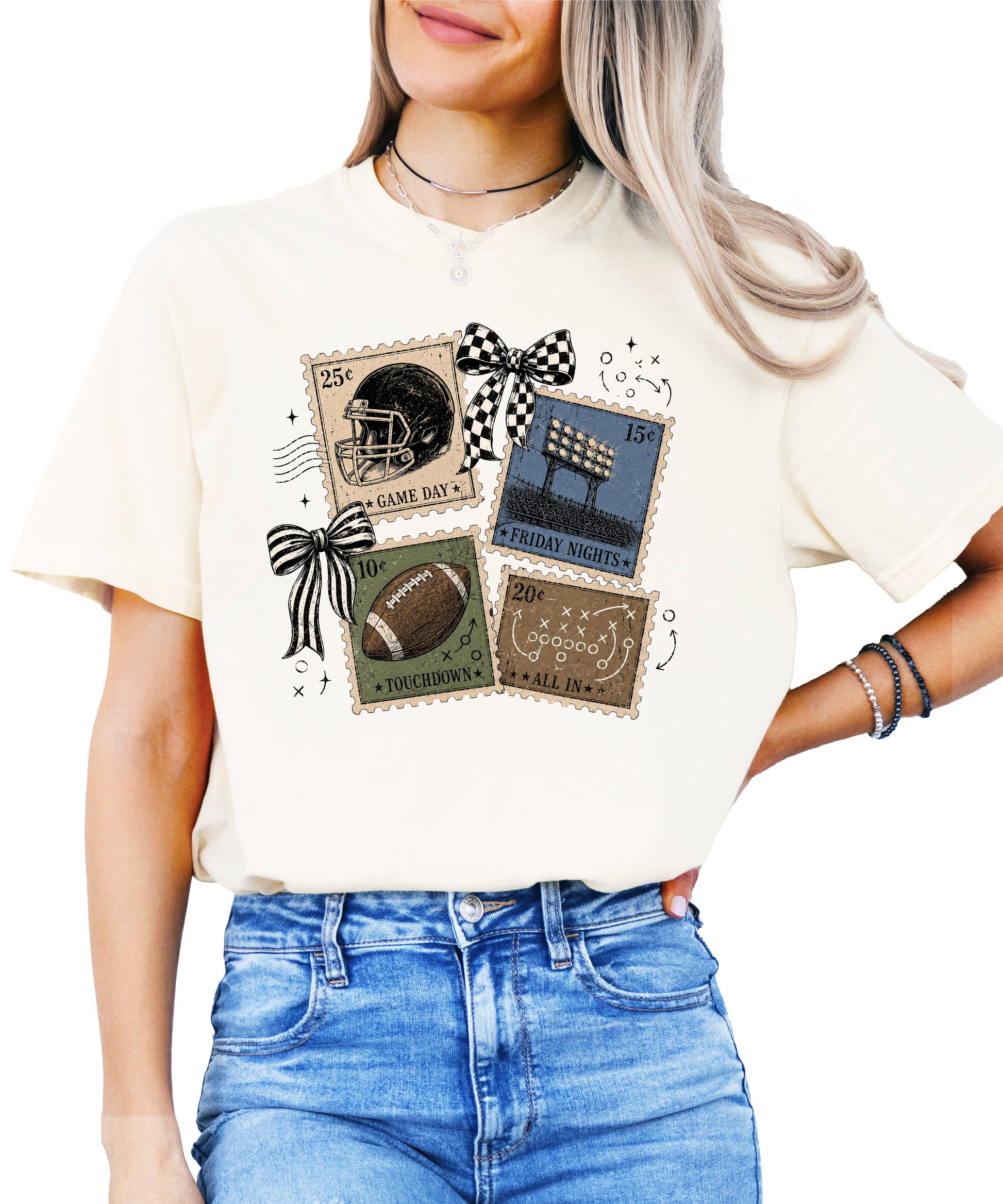 Vintage Football Stamps Coquette Bow Comfort Colors tee in Ivory - view 5