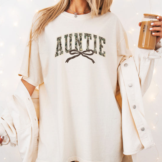 Auntie camo coquette bow womens tee in Ivory, product view 6