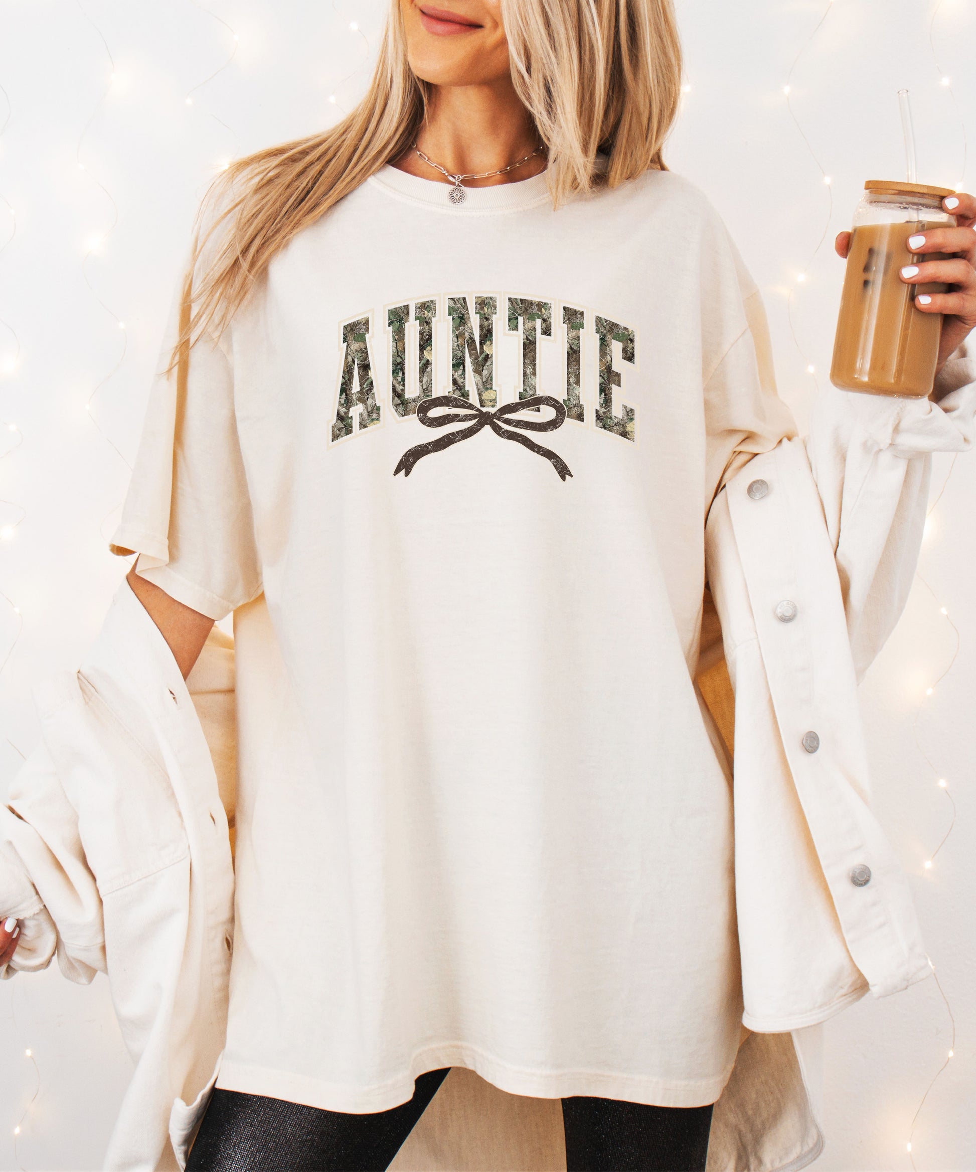 Auntie camo coquette bow womens tee in Ivory, product view 6