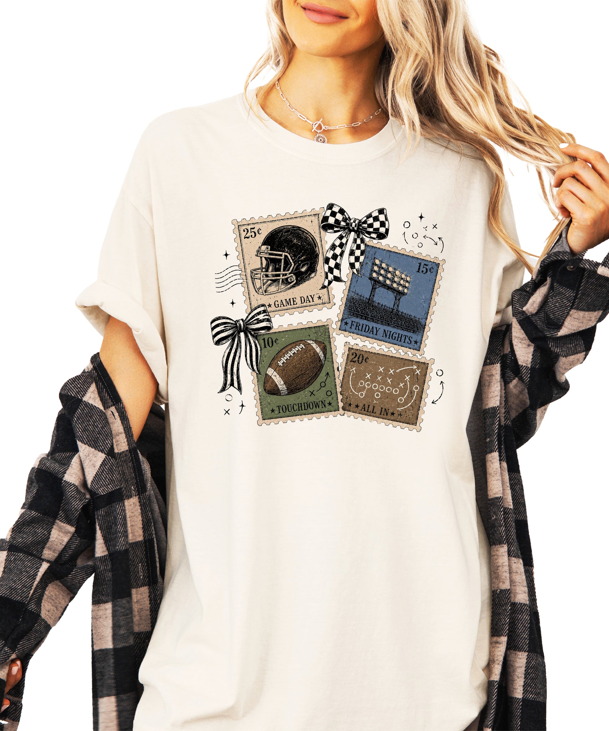 Vintage Football Stamps Coquette Bow Comfort Colors tee in Ivory - view 6