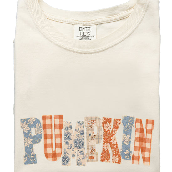 Pumpkin patch fall graphic tee for women in Ivory on Comfort Colors 1717, close-up detail