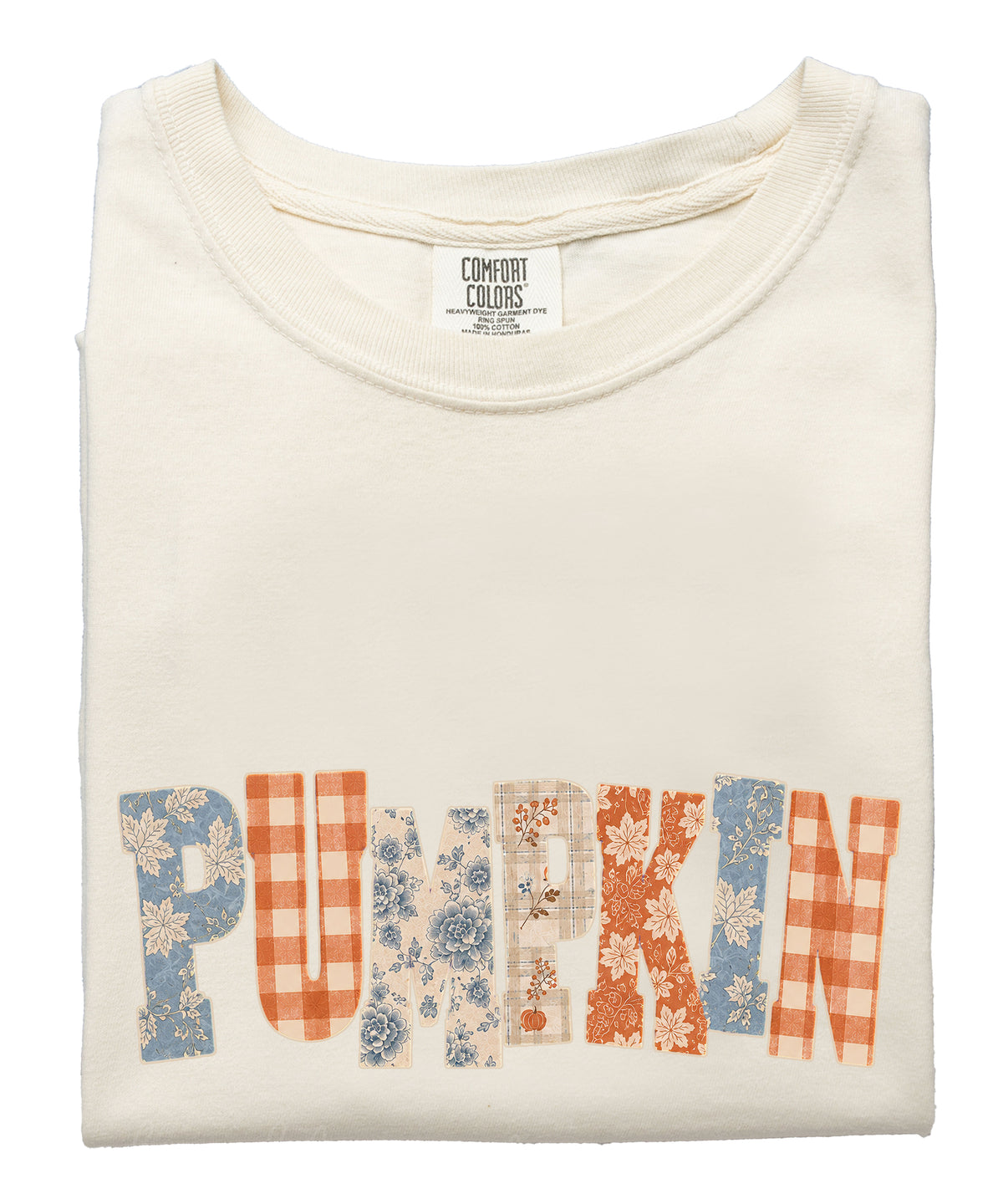 Pumpkin patch fall graphic tee for women in Ivory on Comfort Colors 1717, close-up detail