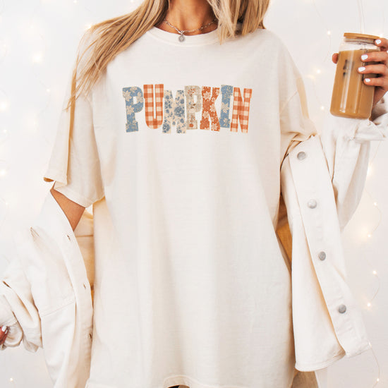 Pumpkin patch fall graphic tee for women in Ivory on Comfort Colors 1717, model view