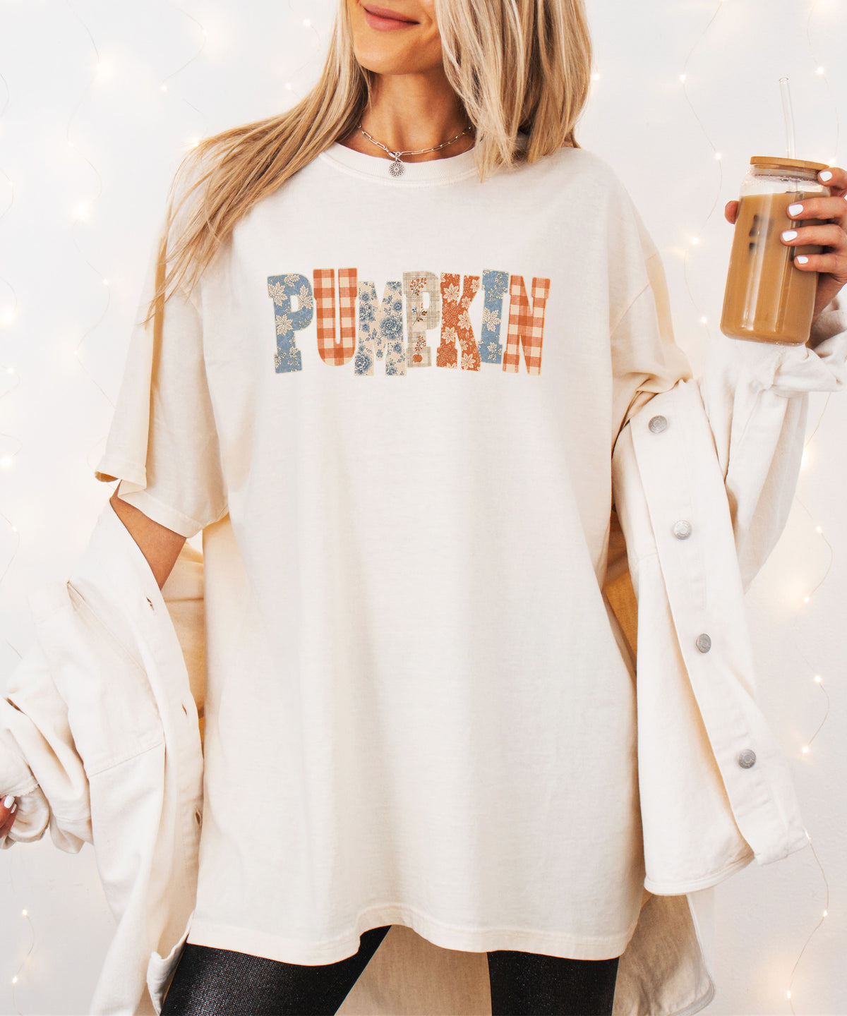 Pumpkin patch fall graphic tee for women in Ivory on Comfort Colors 1717, model view