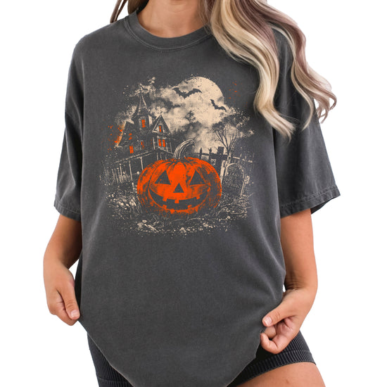 Halloween jack-o-lantern haunted house graphic tee, Pepper Shirt, view 1