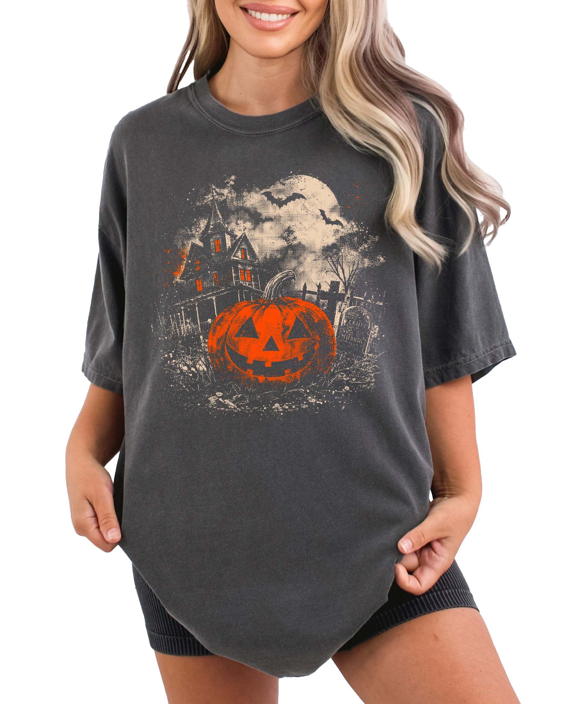 Halloween jack-o-lantern haunted house graphic tee, Pepper Shirt, view 1